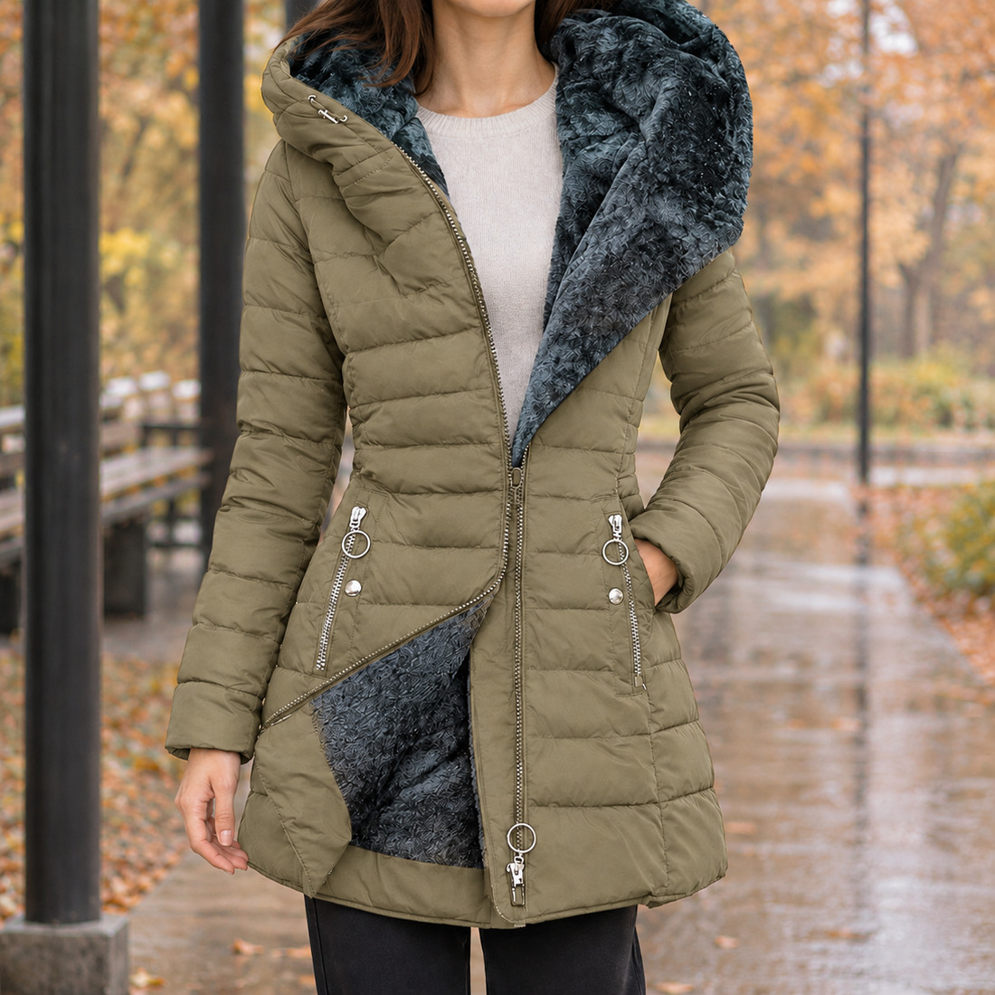 Gemma-Pearl Plush Lined Puffer Jacket - Khaki