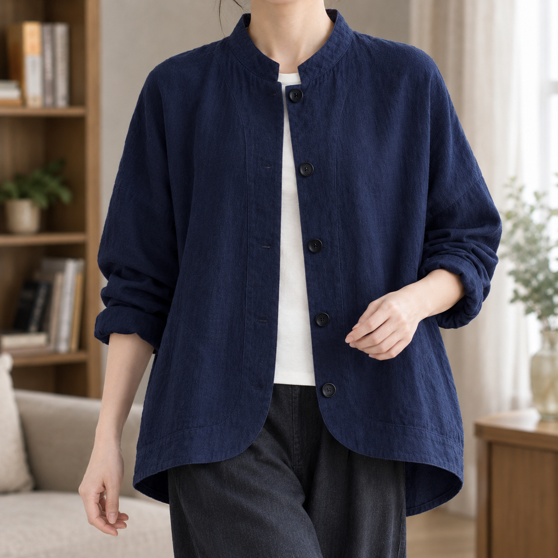 Rachel Stand Collar Jacket - Navy Blue