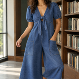 Olympia-Lane Tie Front Jumpsuit - Blue