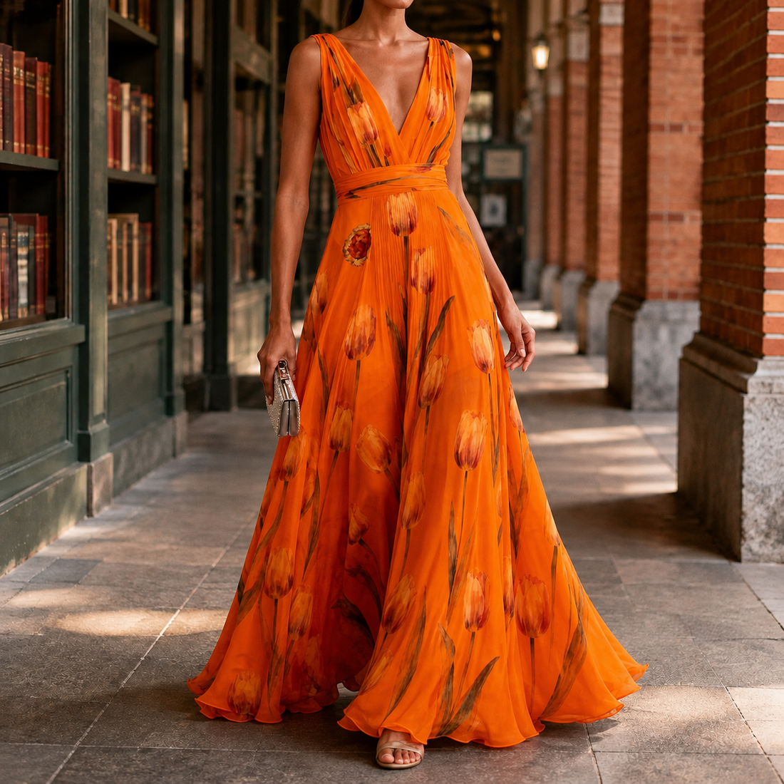 Annabel-Lane Deep V Dress - Orange