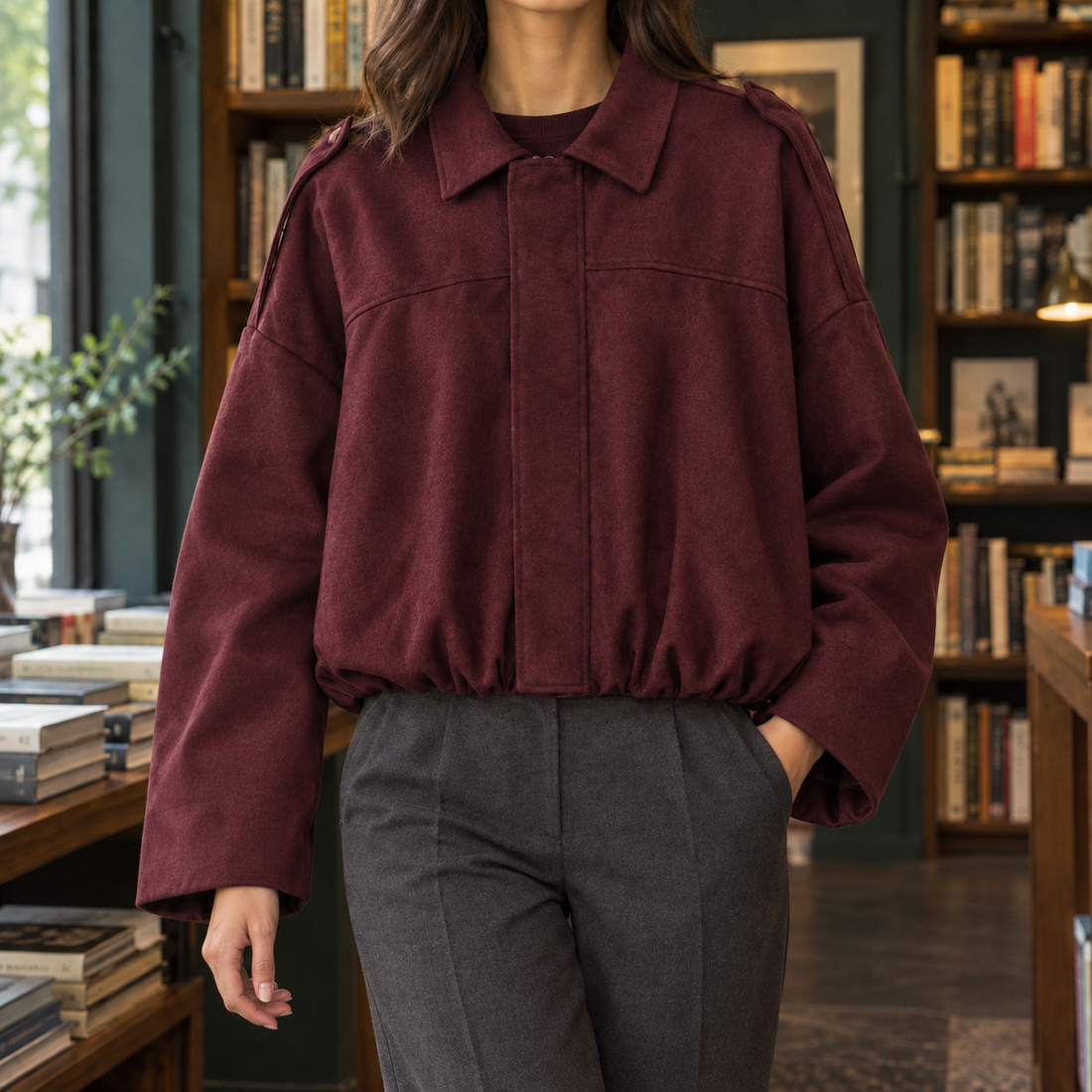 Riley-Skye Suede Bomber Jacket - Burgundy