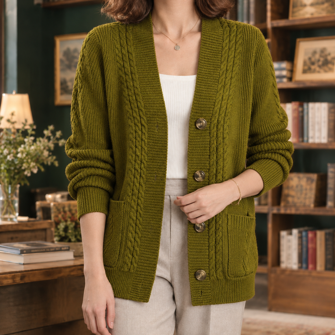 Susannah Cable Knit Cardigan - Green