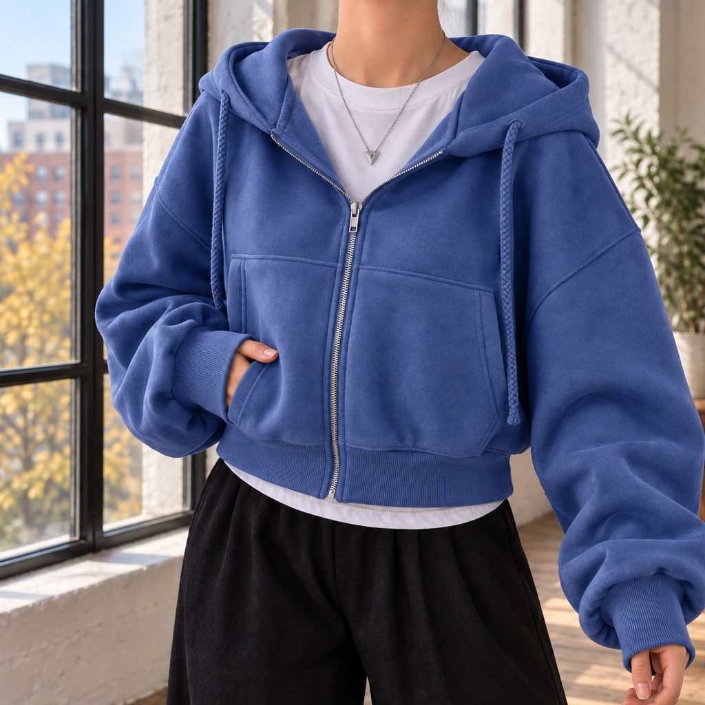 Hazel-Rae Cropped Zip Hoodie - Blue