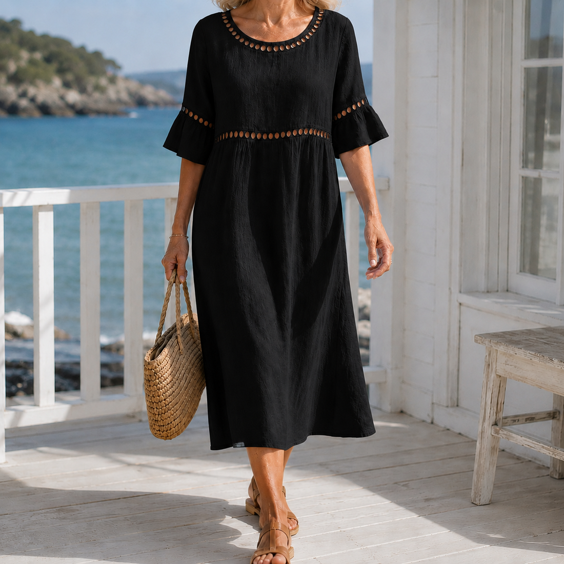Hallie-Jade Eyelet Midi Dress - Black