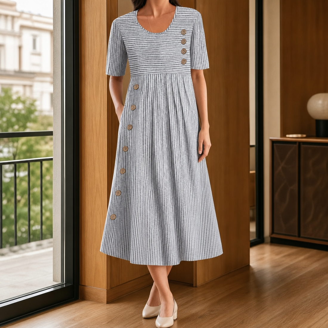 Tatiana-Louise Striped Midi Dress - Gray