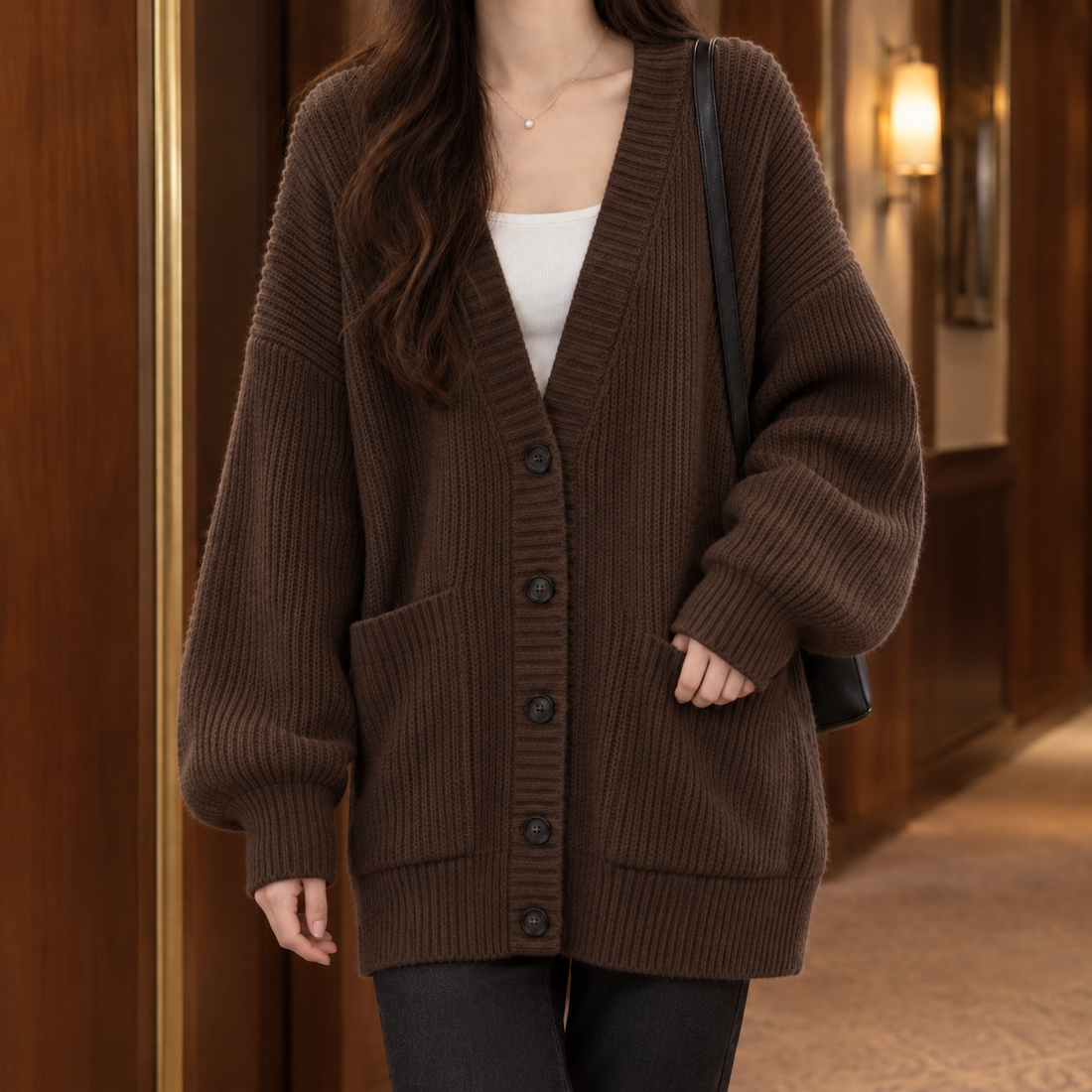 Ines-Faye Ribbed Cardigan - Brown