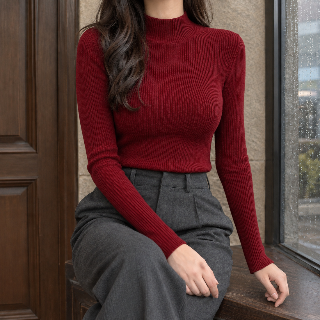 Selena Ribbed Sweater - Burgundy