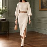 Naomi-Sage Ribbed Midi Dress - Apricot