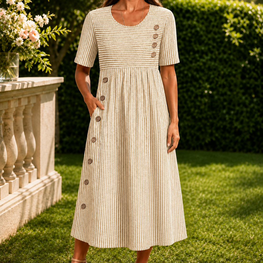 Fenna-Elise Striped Midi Dress - Beige