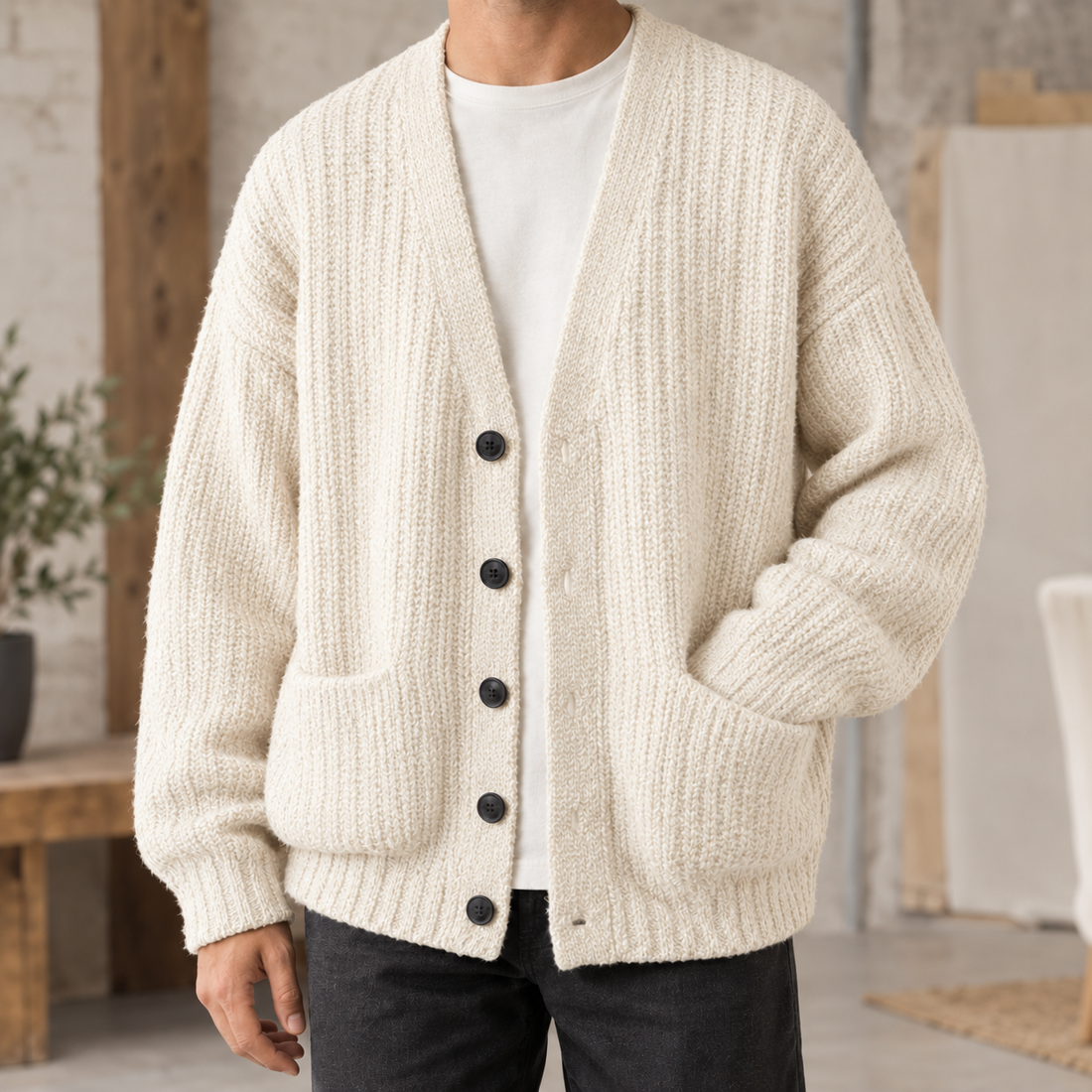 Wyatt Ribbed Cardigan - White Apricot
