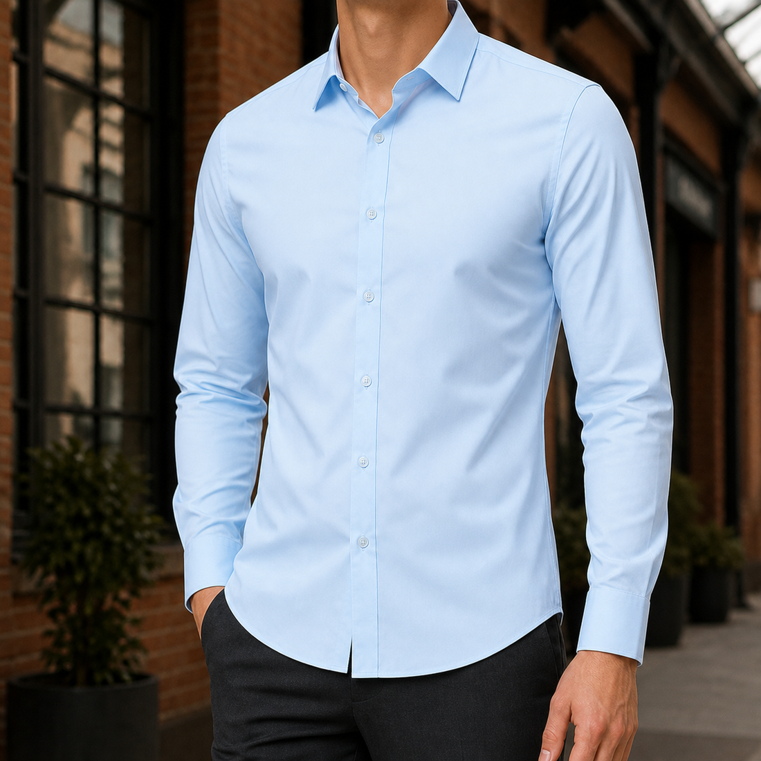 Colm Slim Shirt - Long Sleeve Solid Color Shirt Sky Blue
