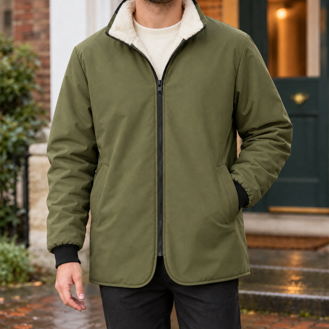 Dario Fleece-Lined Jacket - Texture - Military Green