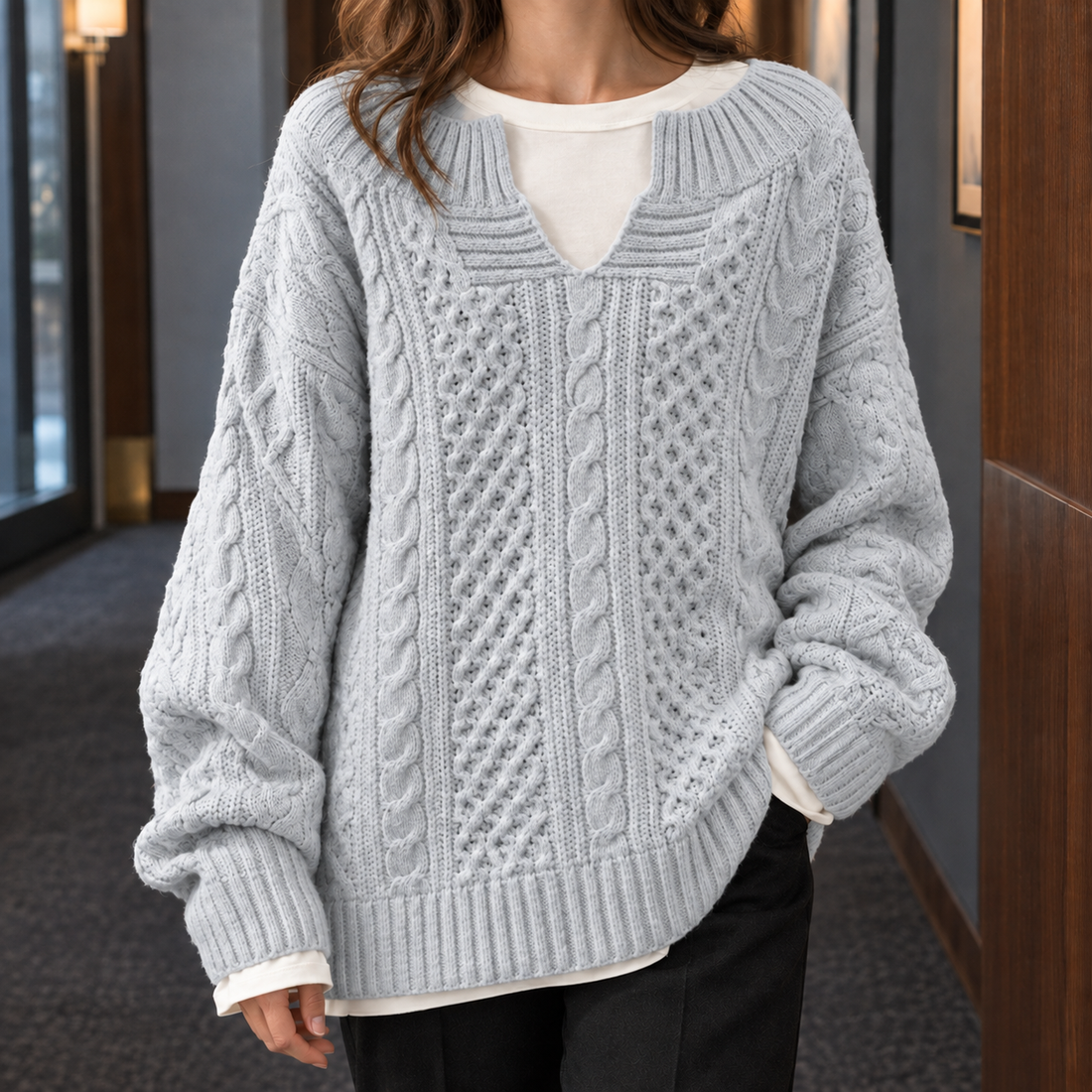 Fernanda-Pearl Cable Sweater - Light Gray