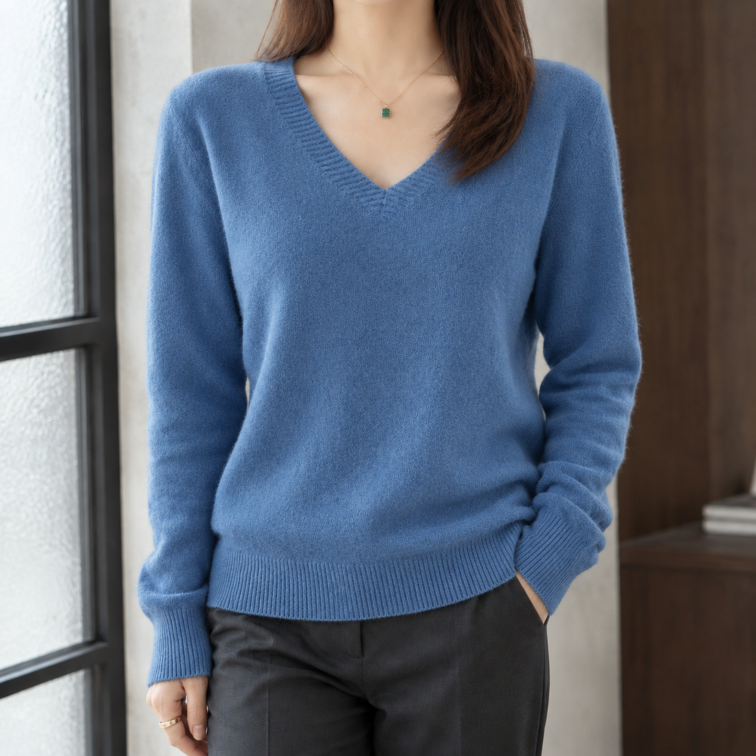 Natalie V-Neck Sweater - Fog Blue