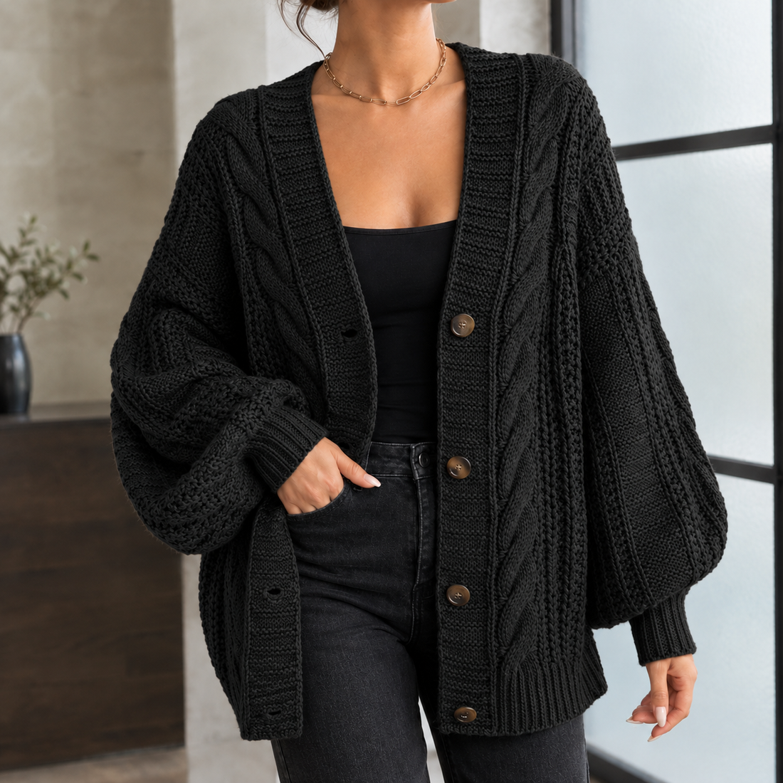 Paula-Eve Cable Cardigan - Black
