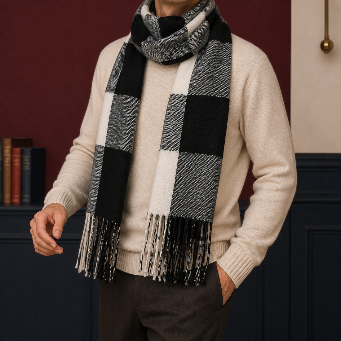 Westcott Fringed Scarf - Noir Et Blanc À Carreaux