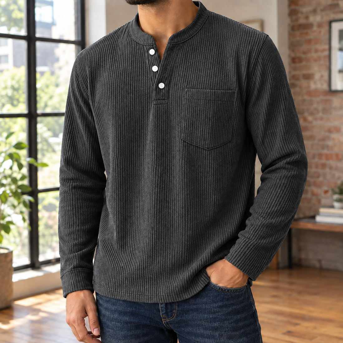 Dorian Ribbed Henley - Charcoal