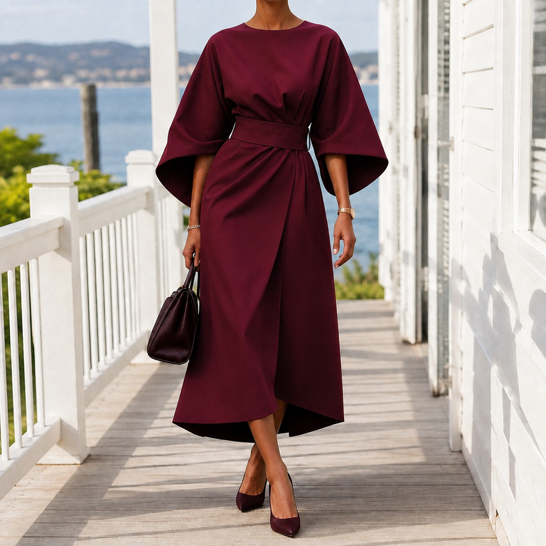 Astrid-Hope Belted Midi Dress - Burgundy