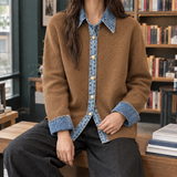Azalea-Elise Denim Trim Cardigan - Brown