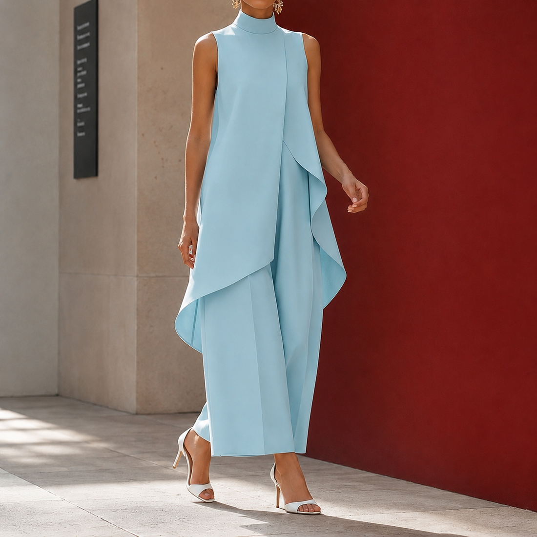 Sonia-Pearl Asymmetric Pants Set - Sky Blue