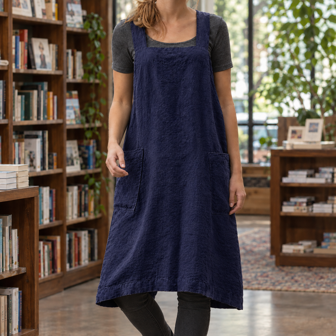 Yara-Pearl Pinafore Dress - Navy Blue