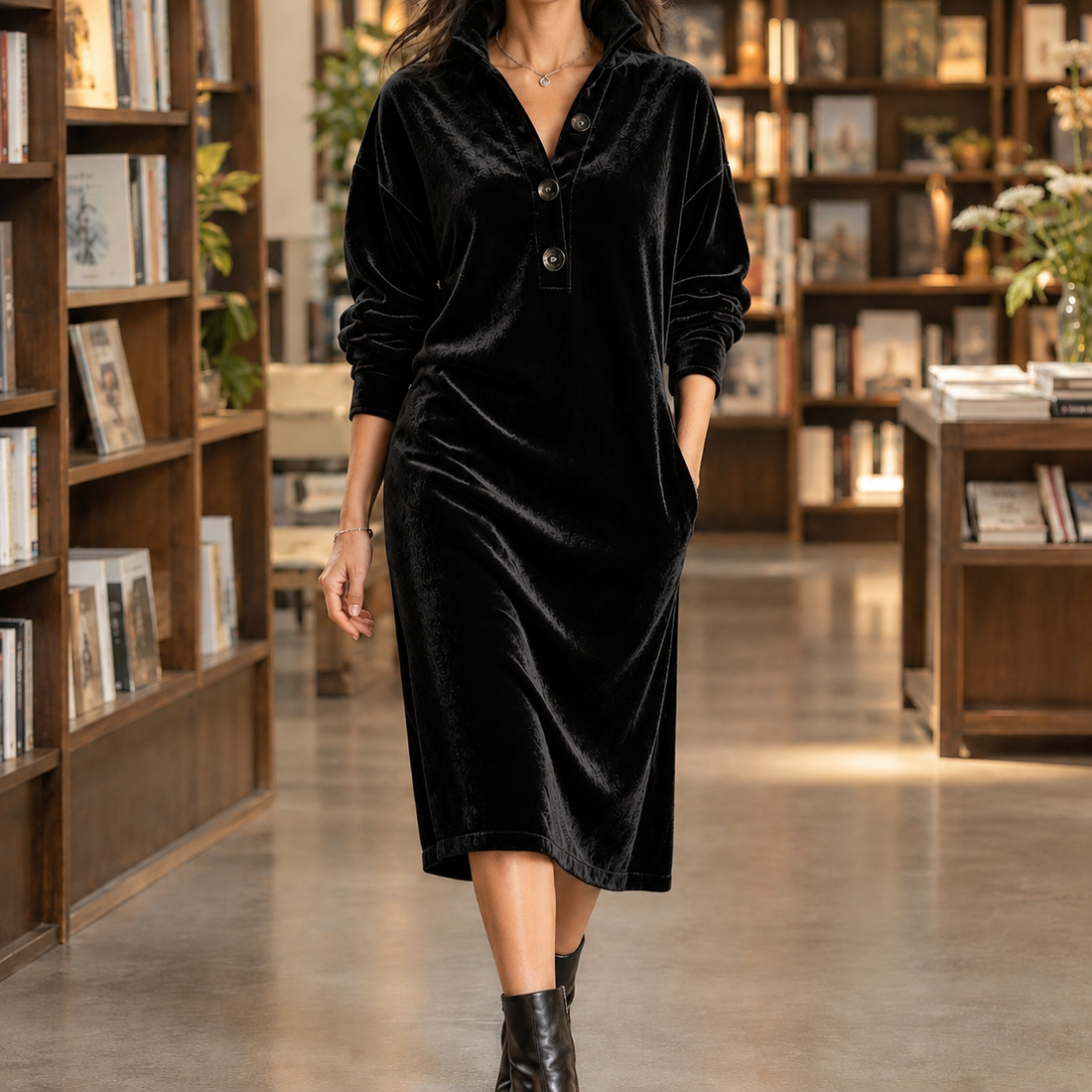 Aline-Hope Velvet Midi Dress - Black