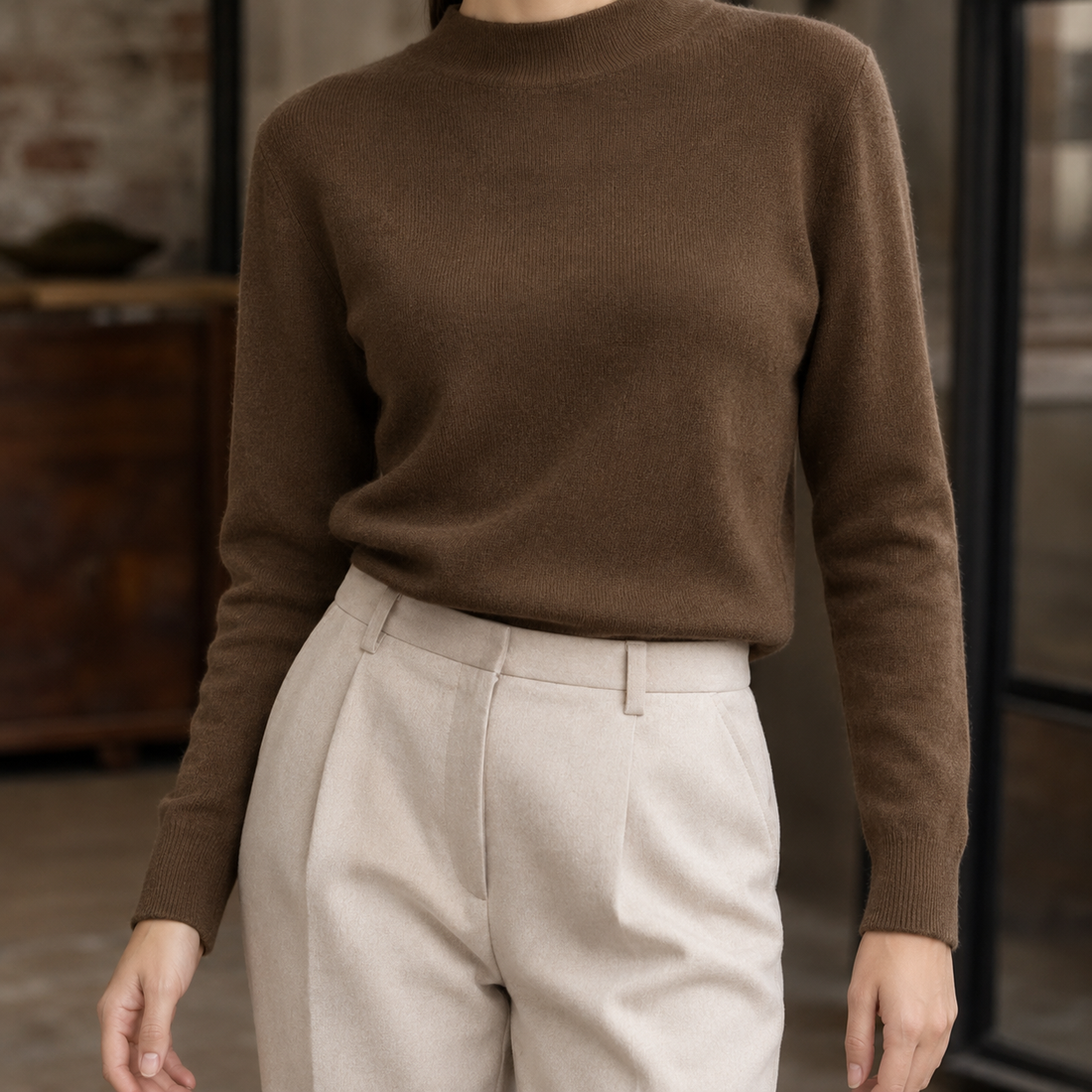 Valeria-Pearl Mock Neck Sweater - Dark Brown