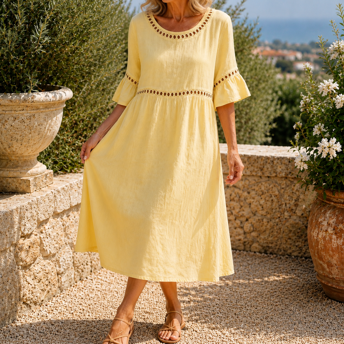 Estella-Rae Eyelet Midi Dress - Pastel Yellow