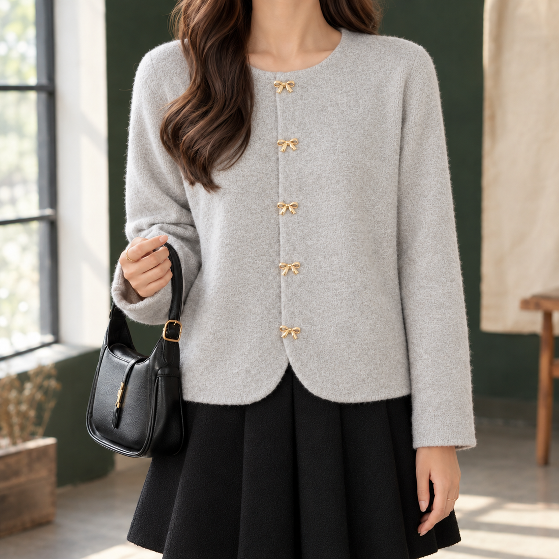 Jade-Marie Bow Button Cardigan - Flower Gray