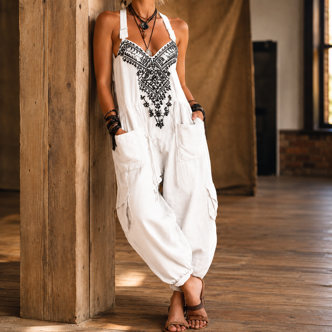 Marina-Pearl Embroidered Jumpsuit - White