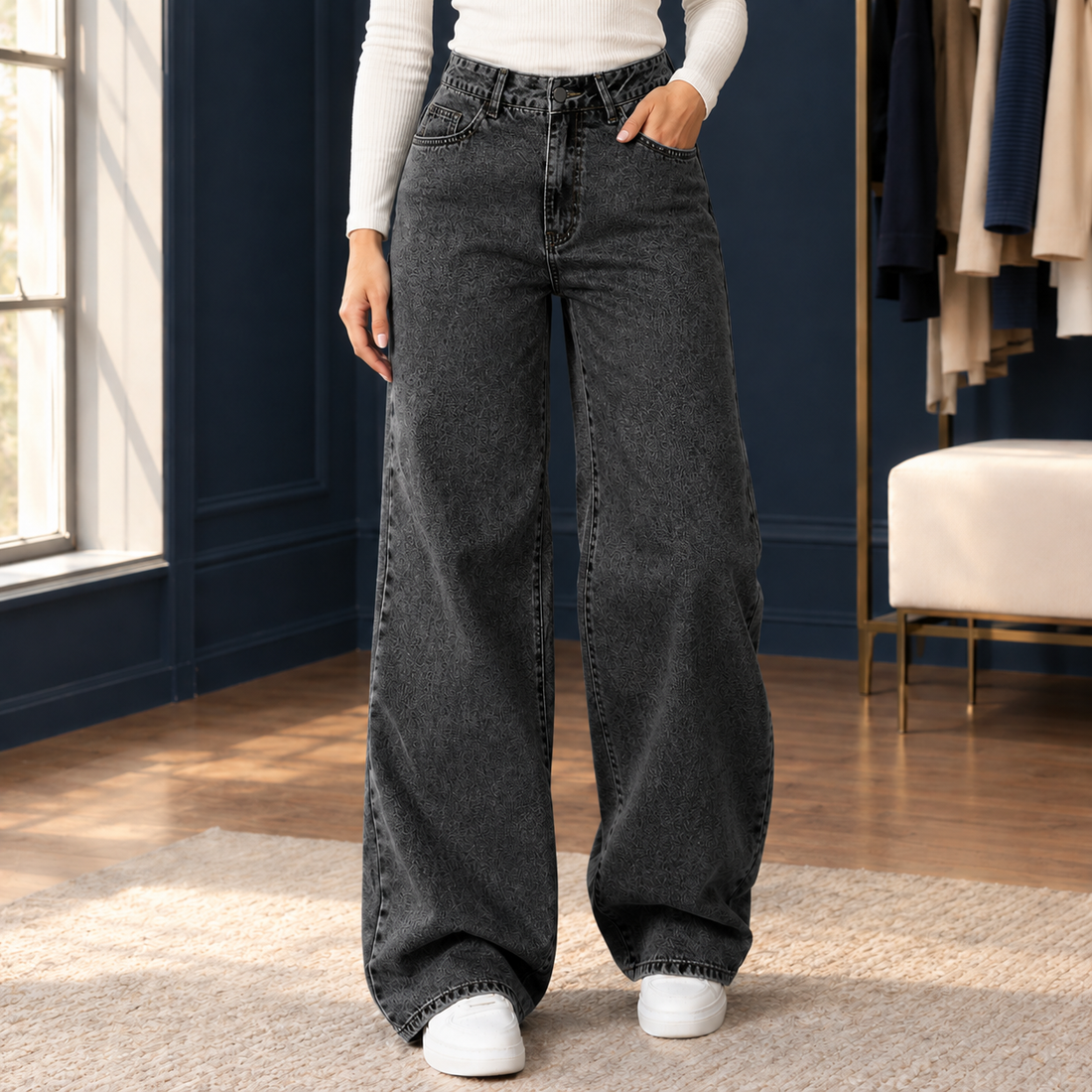 Eugenie Wide Leg Jeans - Black Gray
