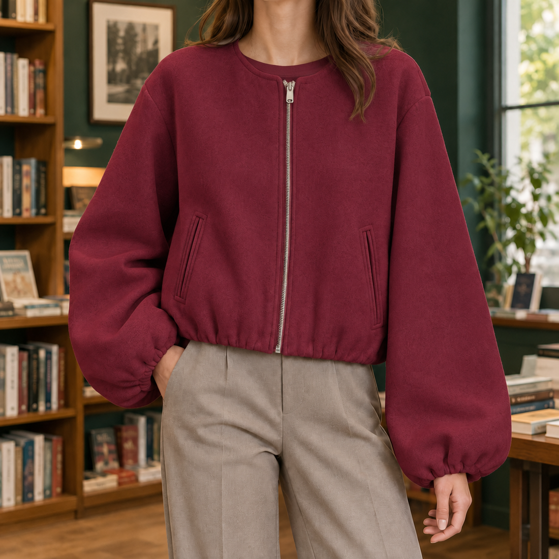 Erin-Eve Cropped Bomber Jacket - Wine Red