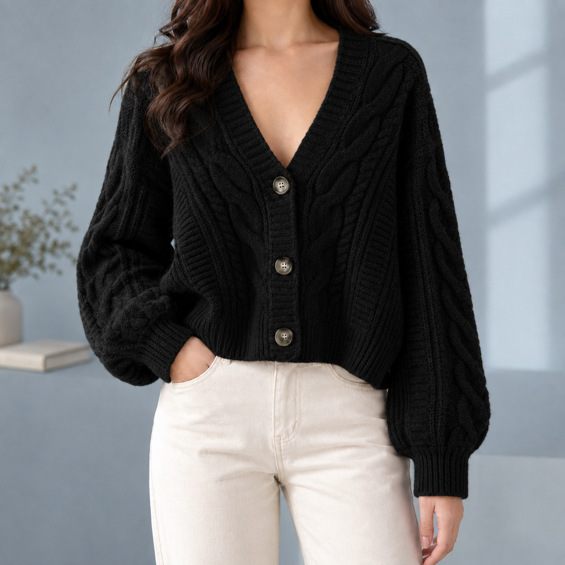 Morwenna-Skye Cable Cardigan - Black