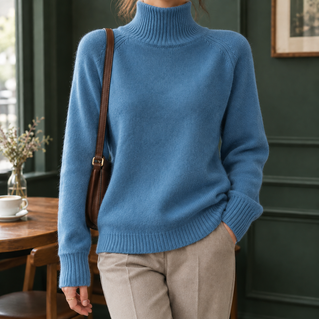 Rosalind-Pearl Ribbed Turtleneck Sweater - Haze Blue