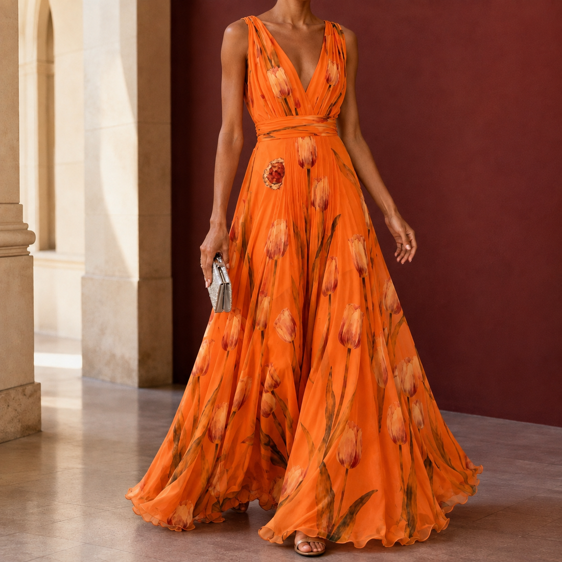 Annabel-Lane Plunge Maxi Dress - Orange