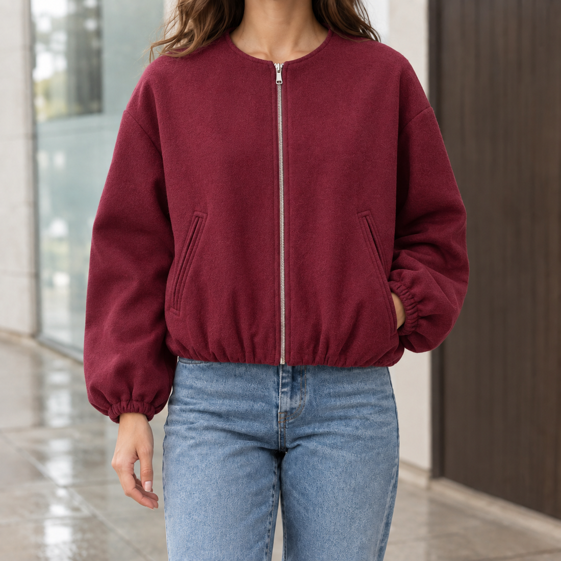Crystal-Mae Balloon Sleeve Jacket - Wine Red