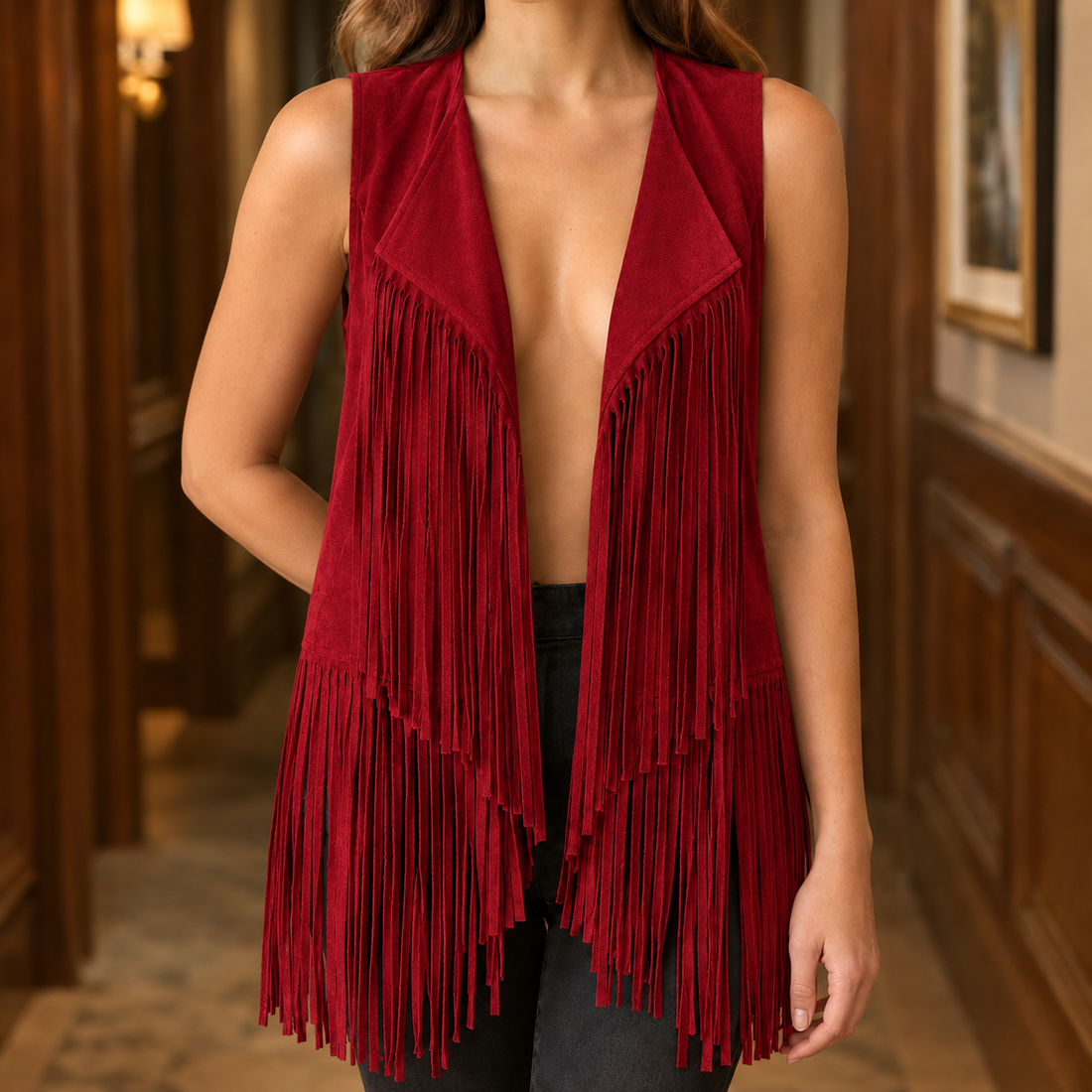 Clemence Suede Fringe Vest - Red