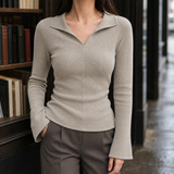 Isabelle-Jade Collared Knit Top - Khaki