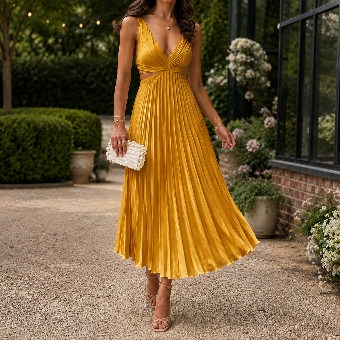 Emilia-Jade Pleated Midi Dress - Gold