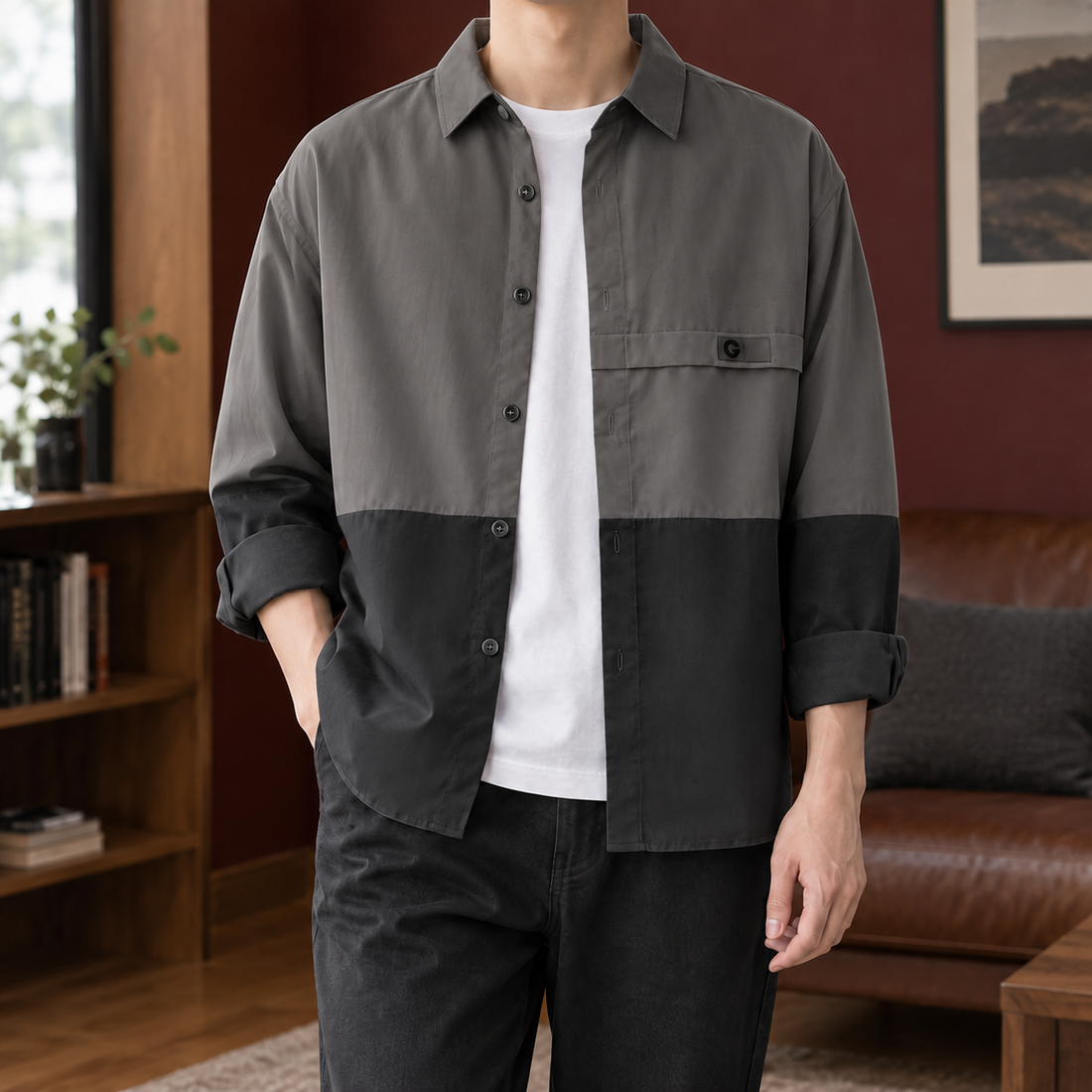 Laurence Color Block Overshirt - Charcoal Black