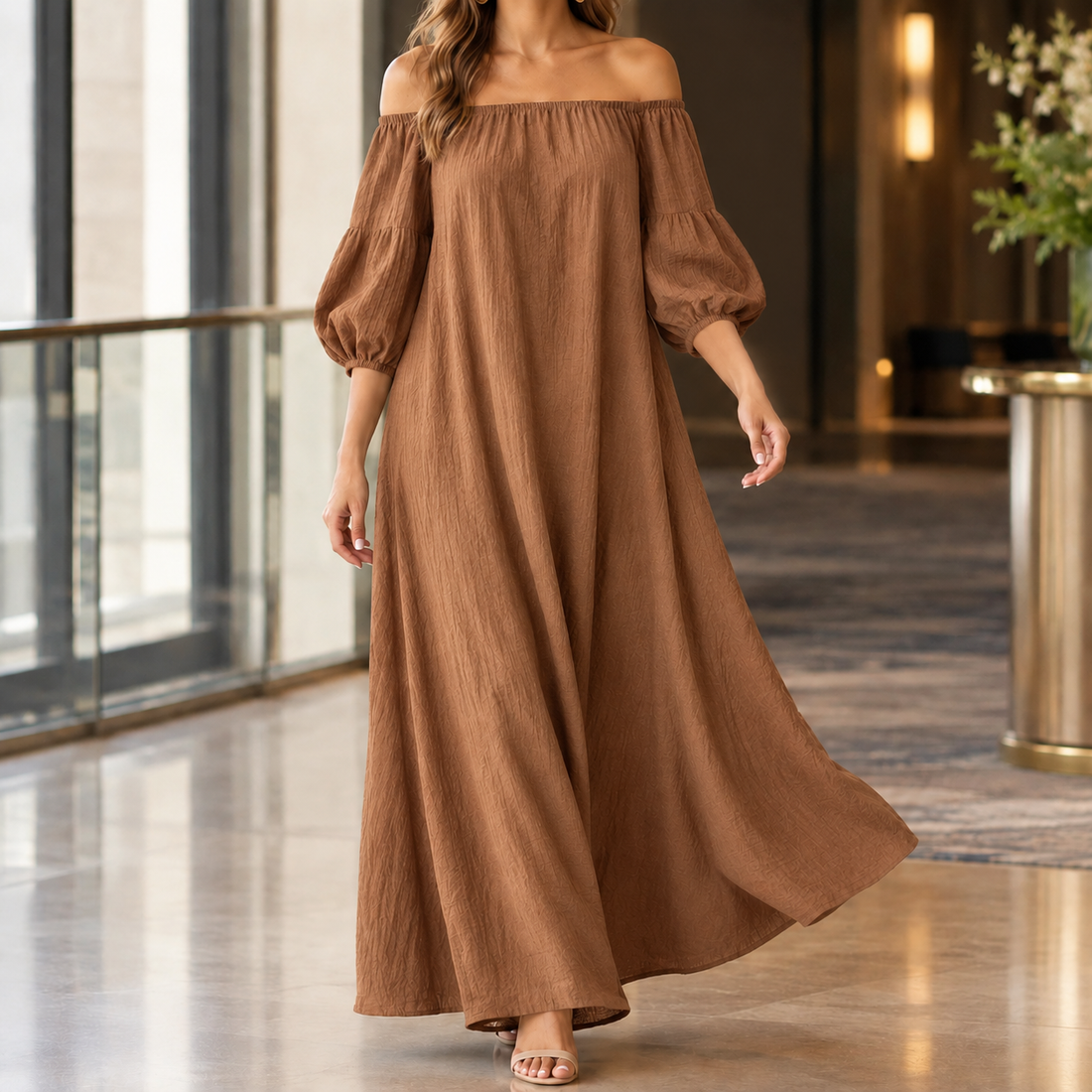 Beatrix-Rose Off Shoulder Dress - Light Brown