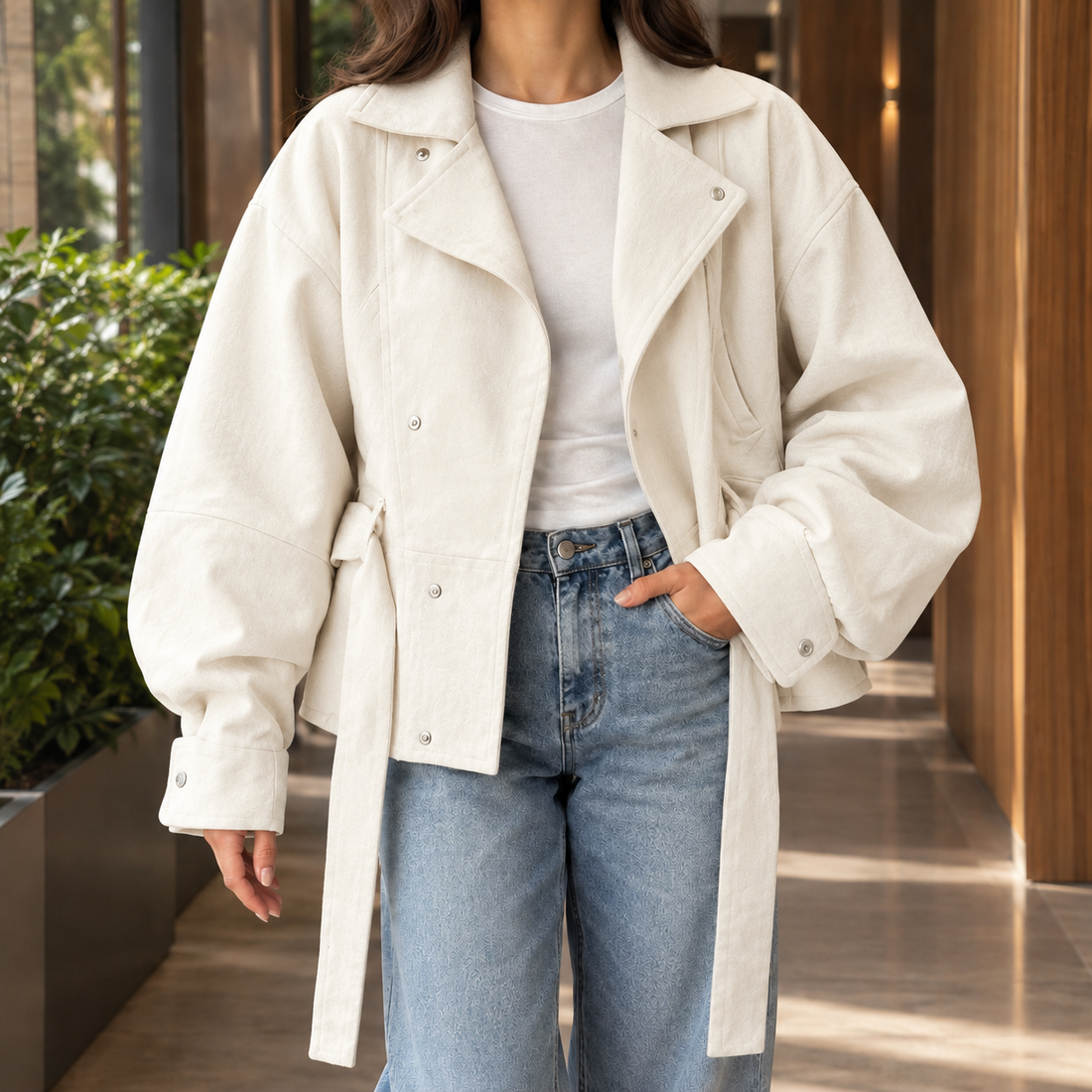 Desiree-Marie Belted Moto Jacket - Milky White