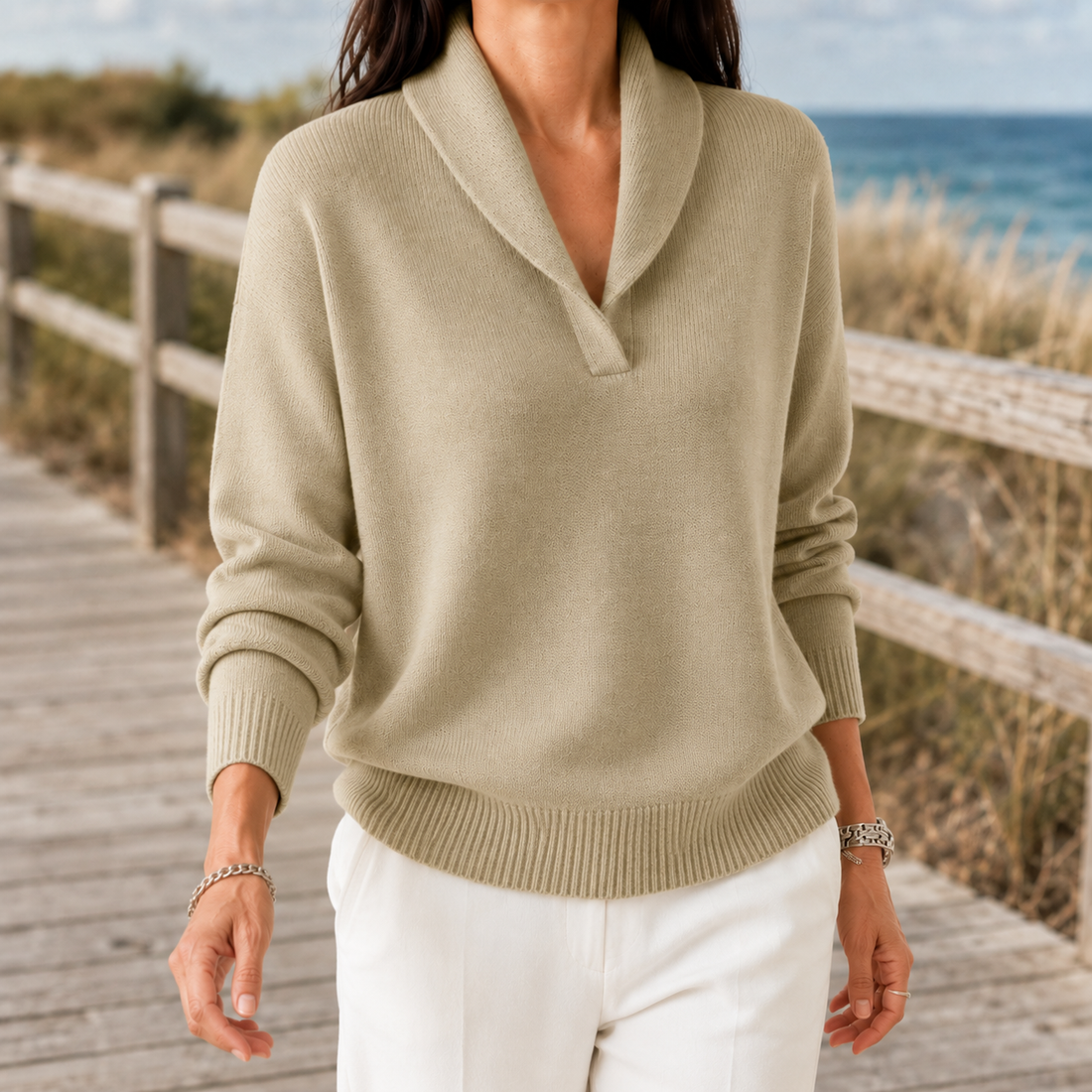 Marlene-Hope Shawl Collar Sweater - Khaki