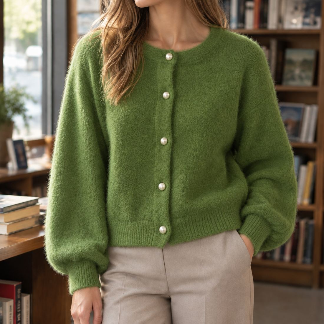 Oriane-Claire Pearl Button Cardigan - Green