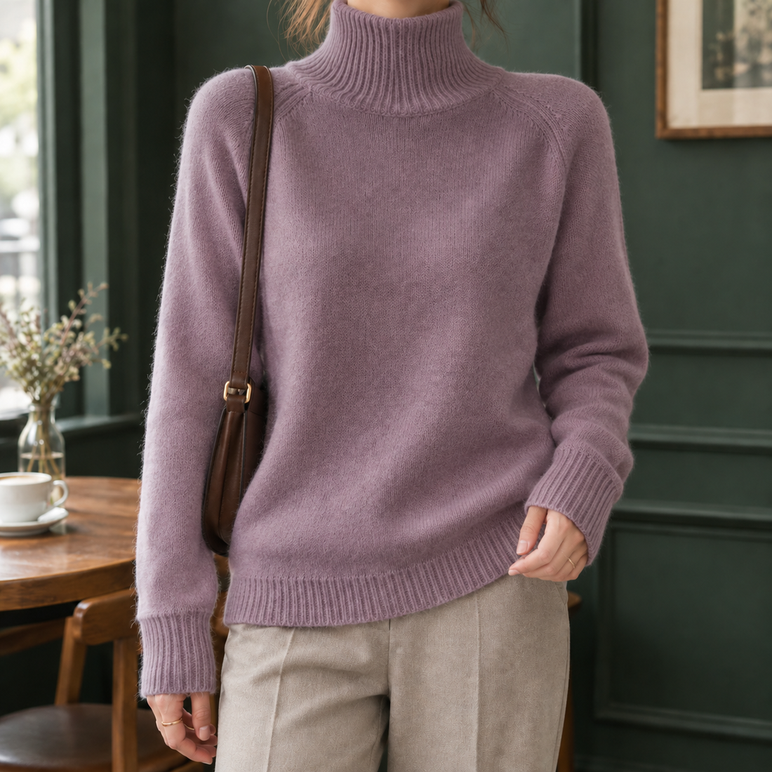 Rosalind-Pearl Ribbed Turtleneck Sweater - Lilac Purple