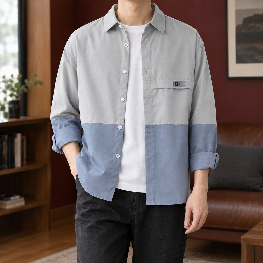Laurence Color Block Overshirt - Gray Blue