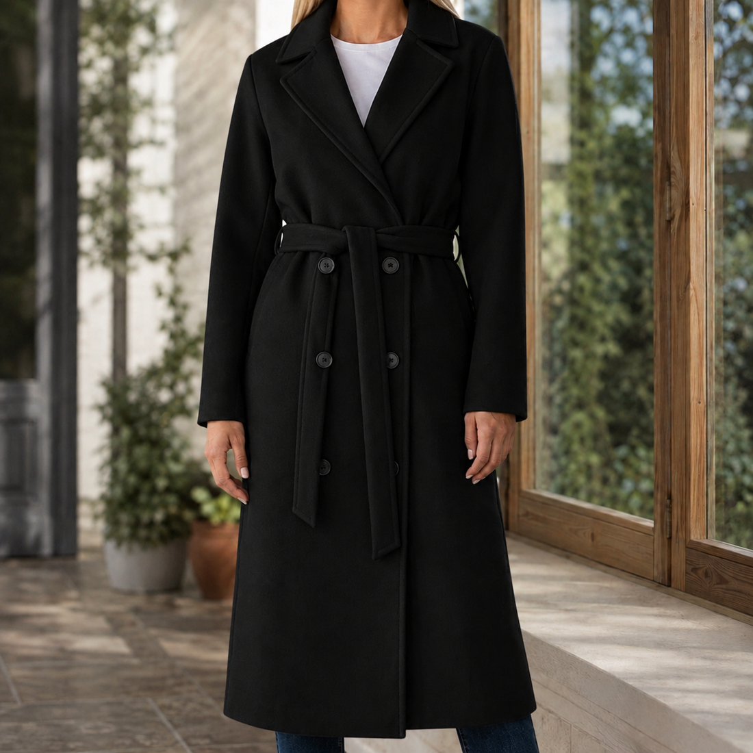 Adele-Grace Belted Overcoat - Black