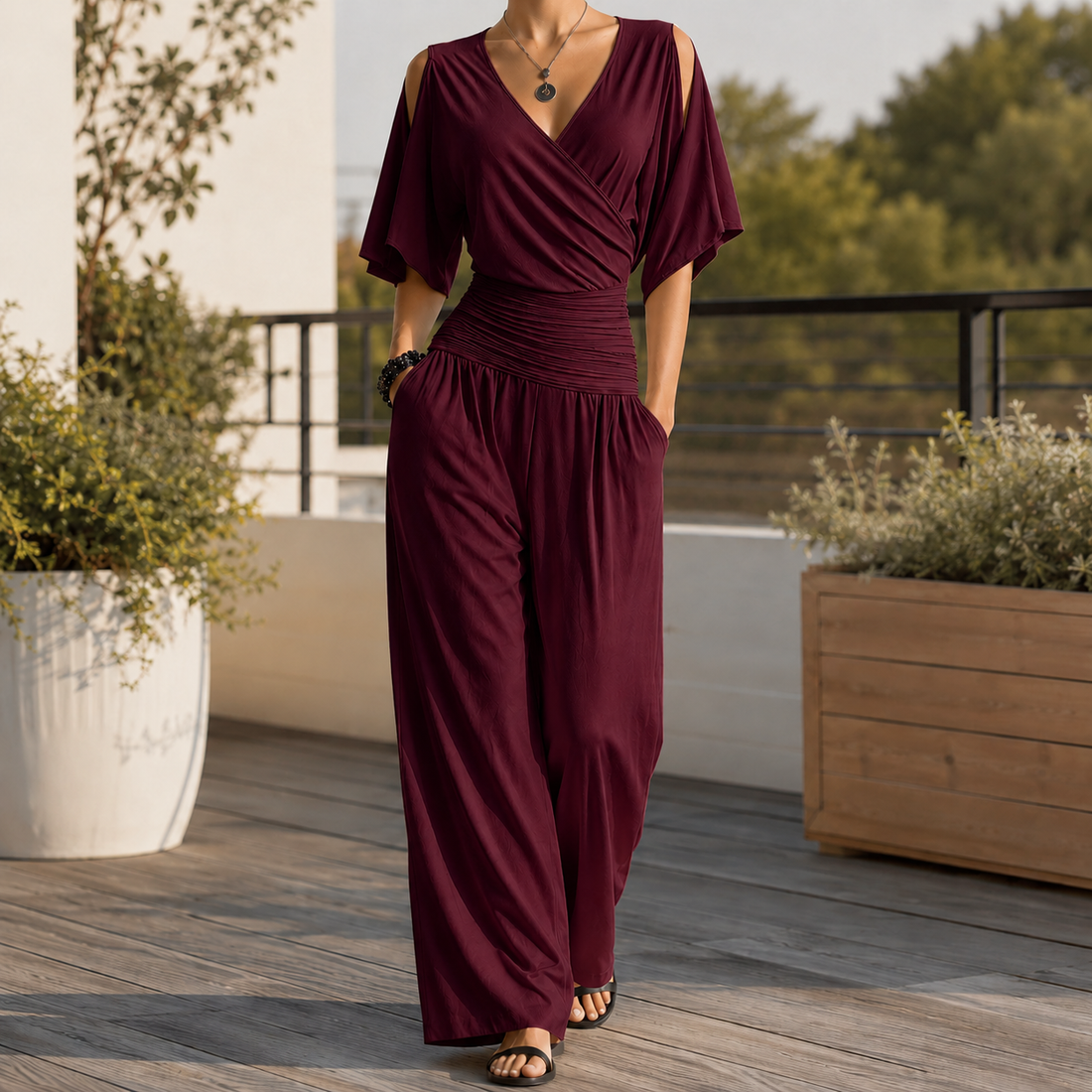 Verity-Grace Wide-Leg Jumpsuit - Burgundy