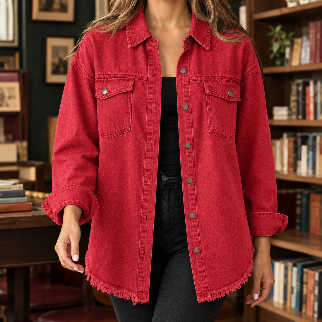 Claudia Frayed Overshirt - Red