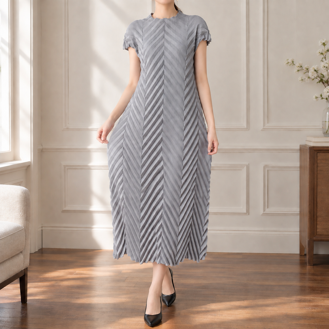 Cerys-Elise Chevron Dress - Gray